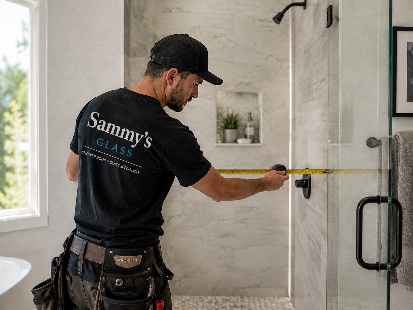 Sammy's Glass Showers installer measuring a frameless glass shower opening in a Baytown TX bathroom
