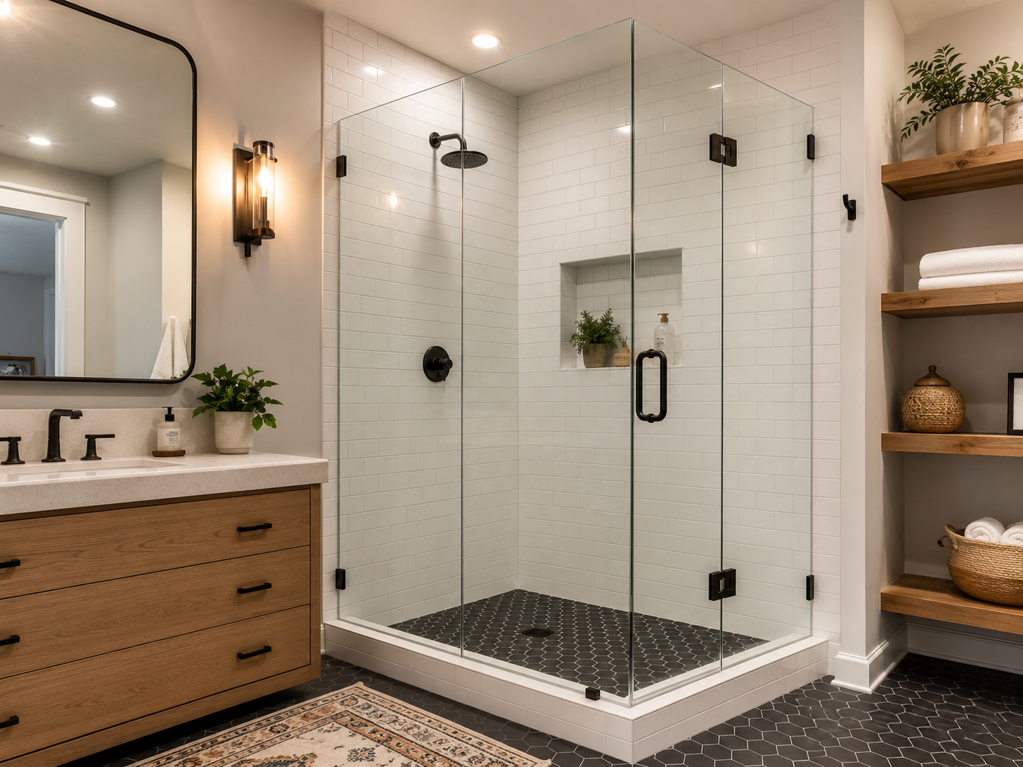Frameless glass corner shower enclosure with matte black hardware and white subway tile in Baytown TX bathroom