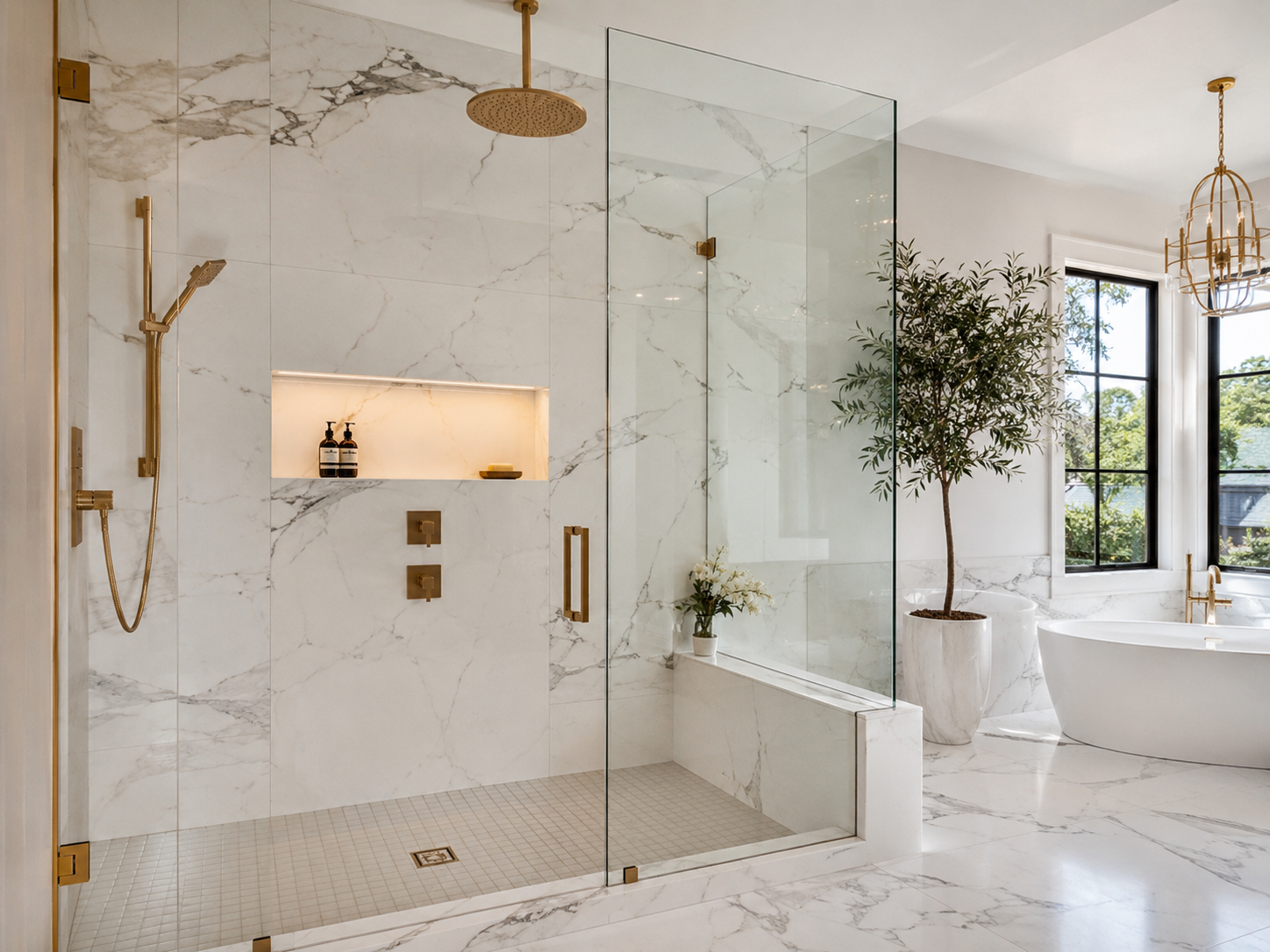 Luxury walk-in frameless glass shower with brushed gold hardware and marble tile