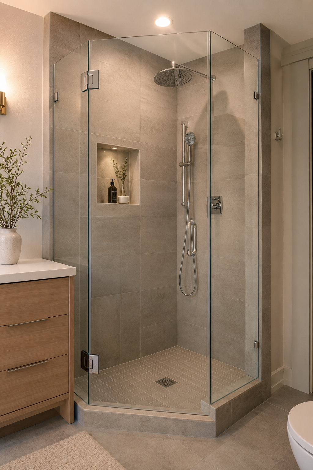 Custom neo-angle frameless glass shower enclosure with chrome hardware and porcelain tile