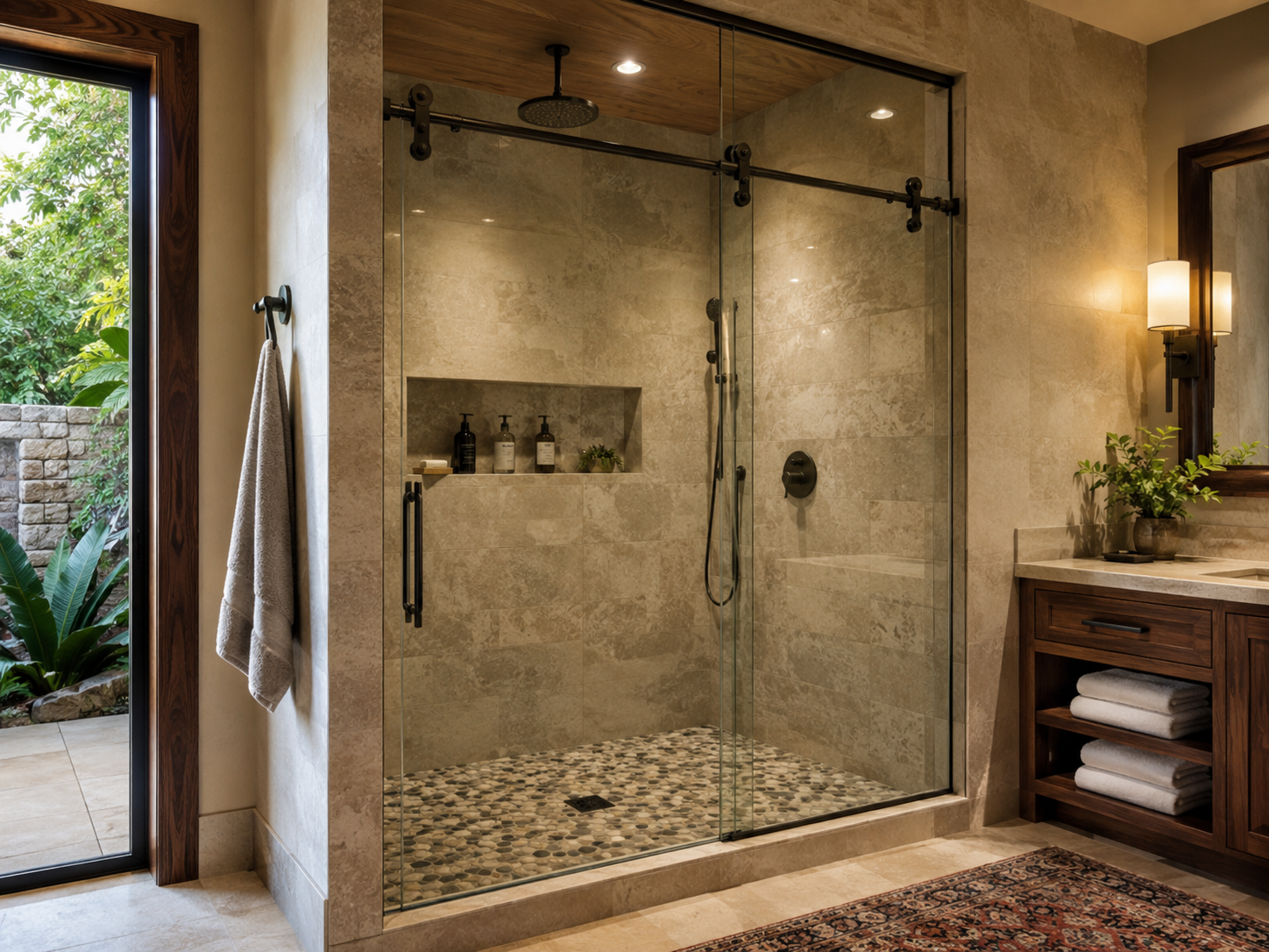 Frameless sliding glass barn door shower with oil rubbed bronze hardware and natural stone tile