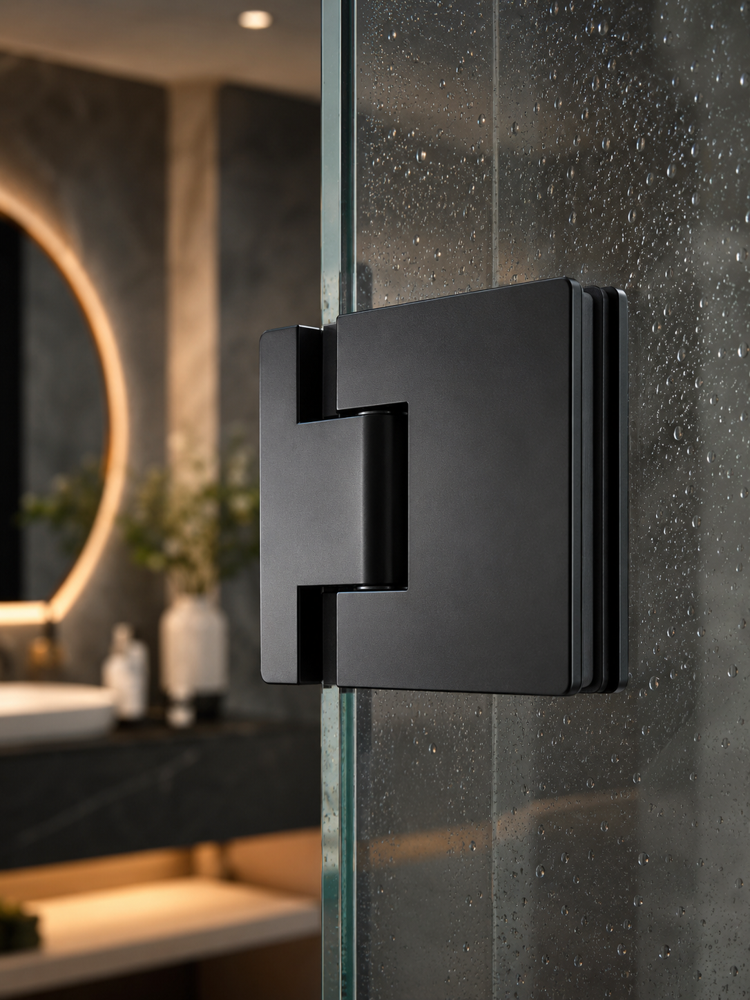 Close-up of premium matte black frameless shower door hinge on tempered glass with water droplets